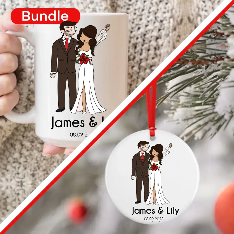 Gift Bundle - Wedding Couple Ceramic Mug and Ornament