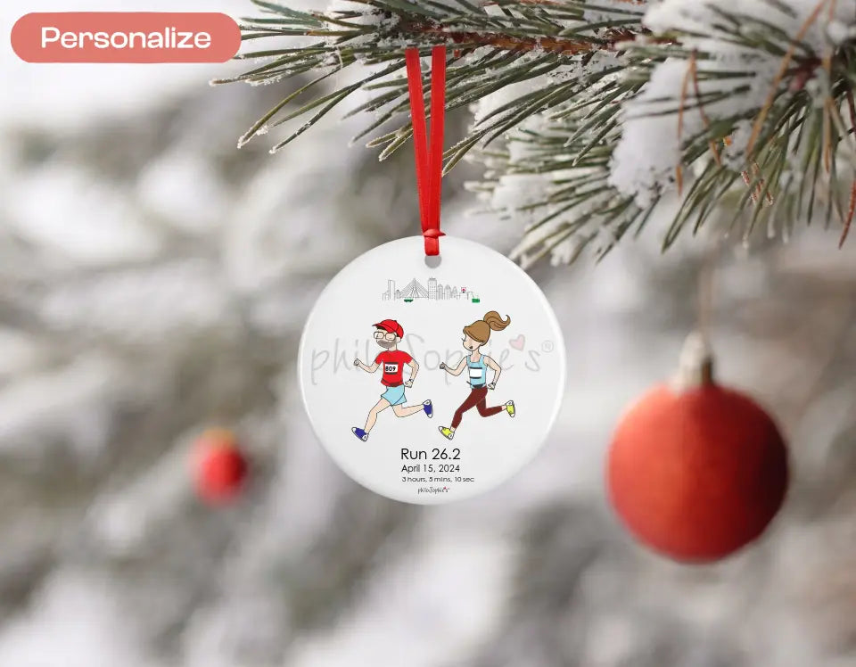 Personalized Porcelain Ornament, Running Couple - City Option