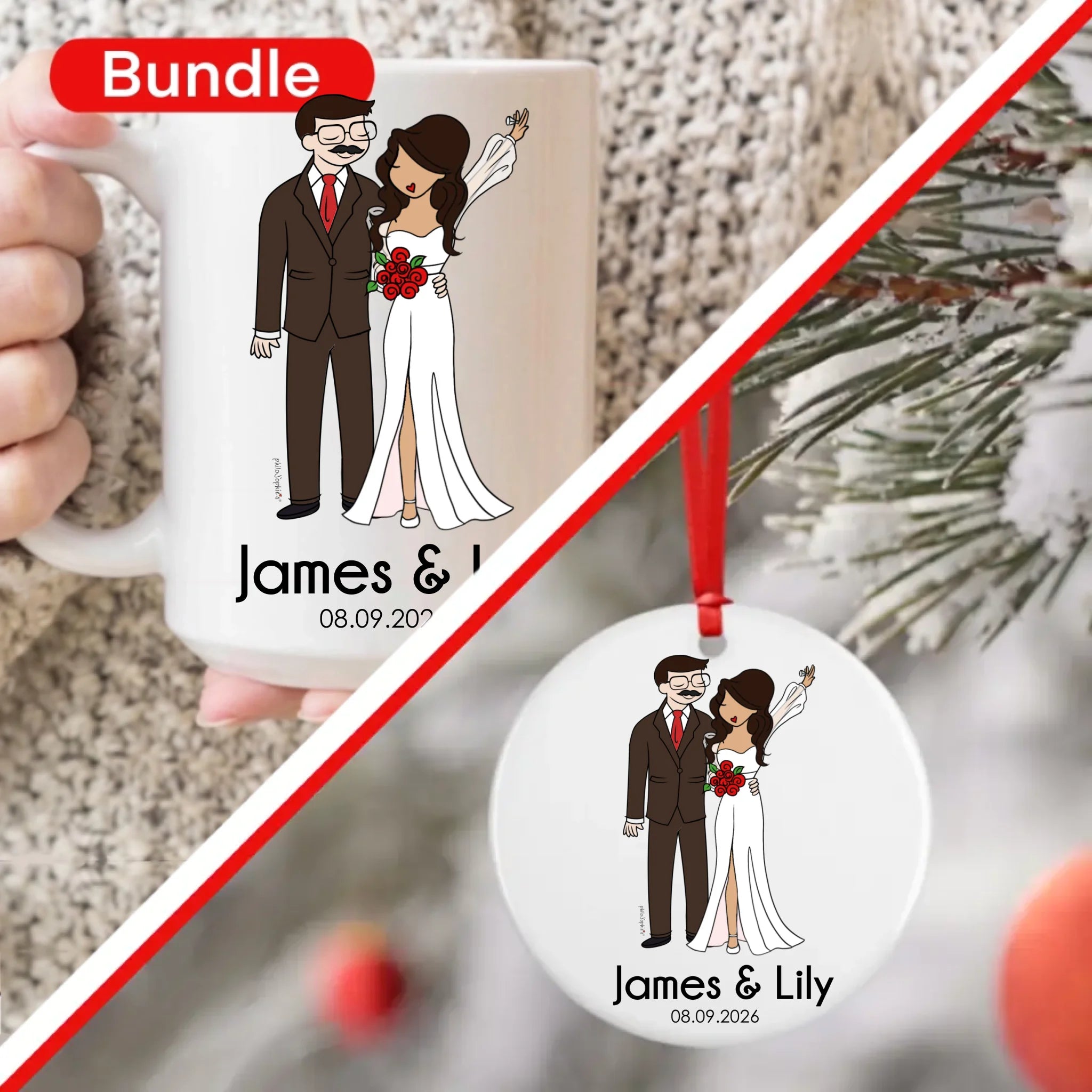 Gift Bundle - Wedding Couple Ceramic Mug and Ornament